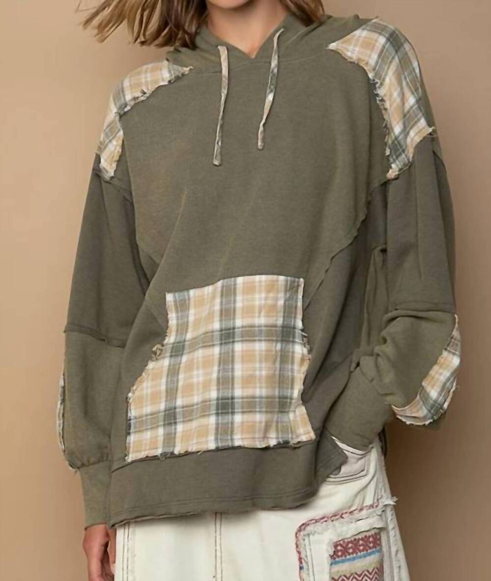 NEW POL plaid perfection boxy balloon-sleeved hoodied top in olive